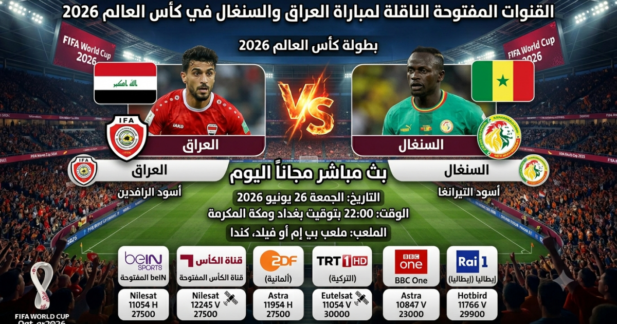 اسرار – القنوات المفتوحة الناقلة لمباراة العراق والسنغال في كأس العالم 2026