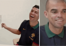 النجم البرتغالي كريستيانو رونالدو يرسم زميله البرتغالي بيبي بشكل مضحك
