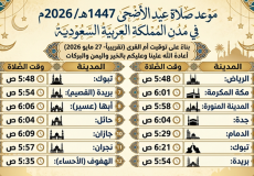موعد صلاة عيد الاضحى 2026 في السعودية بجميع المدن