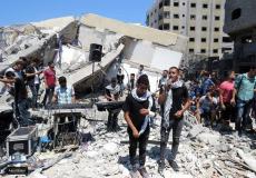 خلال فعالية اقيمت اليوم على انقاض مبنى المسحال الثقافي في غزة حيث دمره الاحتلال في تصعيده مساء أمس