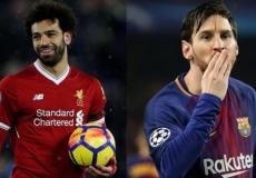 ليونيل ميسي نجم برشلونة الاسباني ومحمد صلاح لاعب ليفربول الانجليزي