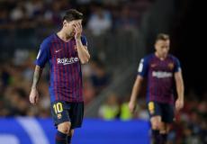 نجم برشلونة ليونيل ميسي خلال لقاء فريقه أمام جيرونا في الدوري الاسباني الليغا