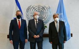 الرئيس الاسرائيلي مع الامين العام للأمم المتحدة بوجود سفير اسرائيل في الامم المتحدة