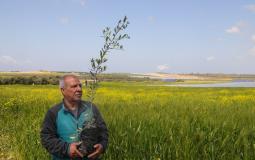 المزارع جميل الباع في يوم الأرض بأرضه في بلدة بيت حانون - تصوير أحمد زقوت