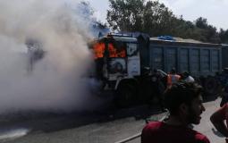 احتراق شاحنة على طريق صلاح الدين وسط قطاع غزة