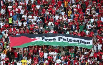 الجماهير ترفع علم فلسطين خلال مباراة تونس وأستراليا بكأس العالم في قطر (رويترز)
