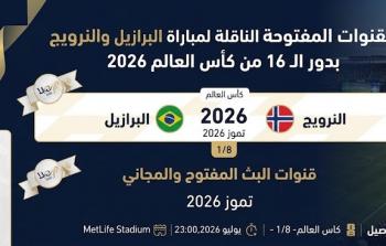 القنوات المفتوحة الناقلة لمباراة البرازيل والنرويج بدور الـ16 من كأس العالم 2026