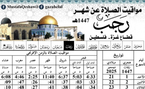 إمساكية شهر رجب 2025/1447 قطاع غزة - فلسطين