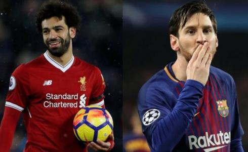 ليونيل ميسي نجم برشلونة الاسباني ومحمد صلاح لاعب ليفربول الانجليزي