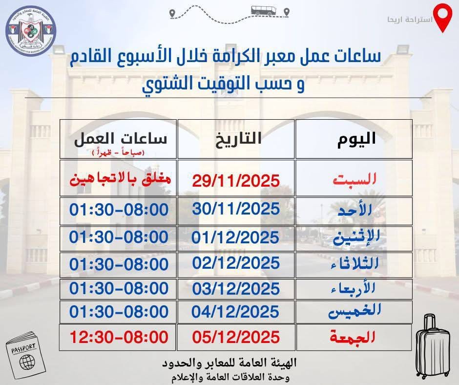 ساعات عمل معبر الكرامة خلال الأسبوع المقبل