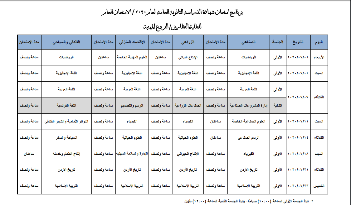 جدول امتحانات التوجيهي 2020 الأردن